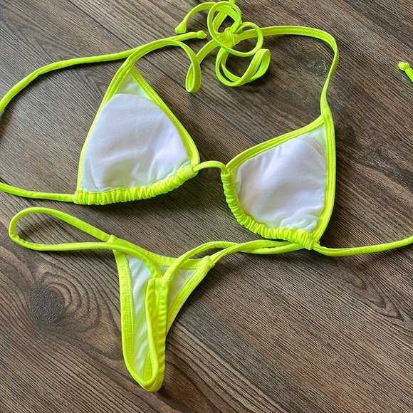 Padded yellow bikini stripper set outfit new clubwear one size neon thong dancer - Picture 3 of 4